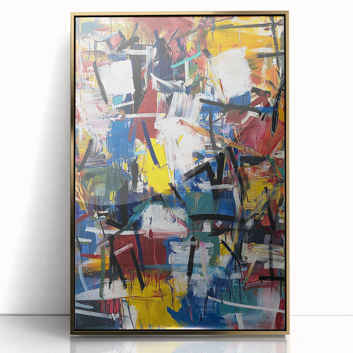 Framed abstract acrylic wall art showcasing vibrant gold splatters on a textured background, ideal for modern home decor, enhancing any living space with elegance.