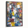 Framed canvas artwork showcasing abstract black splatter designs, emphasizing texture and modern aesthetics, viewed from the side against a neutral backdrop.