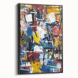 Framed canvas artwork showcasing abstract black splatter designs, emphasizing texture and modern aesthetics, viewed from the side against a neutral backdrop.