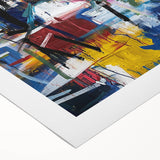 Abstract splatter art on rolled canvas showcasing vibrant colors of blue, orange, and yellow, ideal for modern home decor, packaged securely in a cardboard tube.