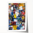 Colorful abstract splatter artwork printed on high-quality canvas, showcasing vibrant hues of blue, red, and yellow, ideal for modern home decor.