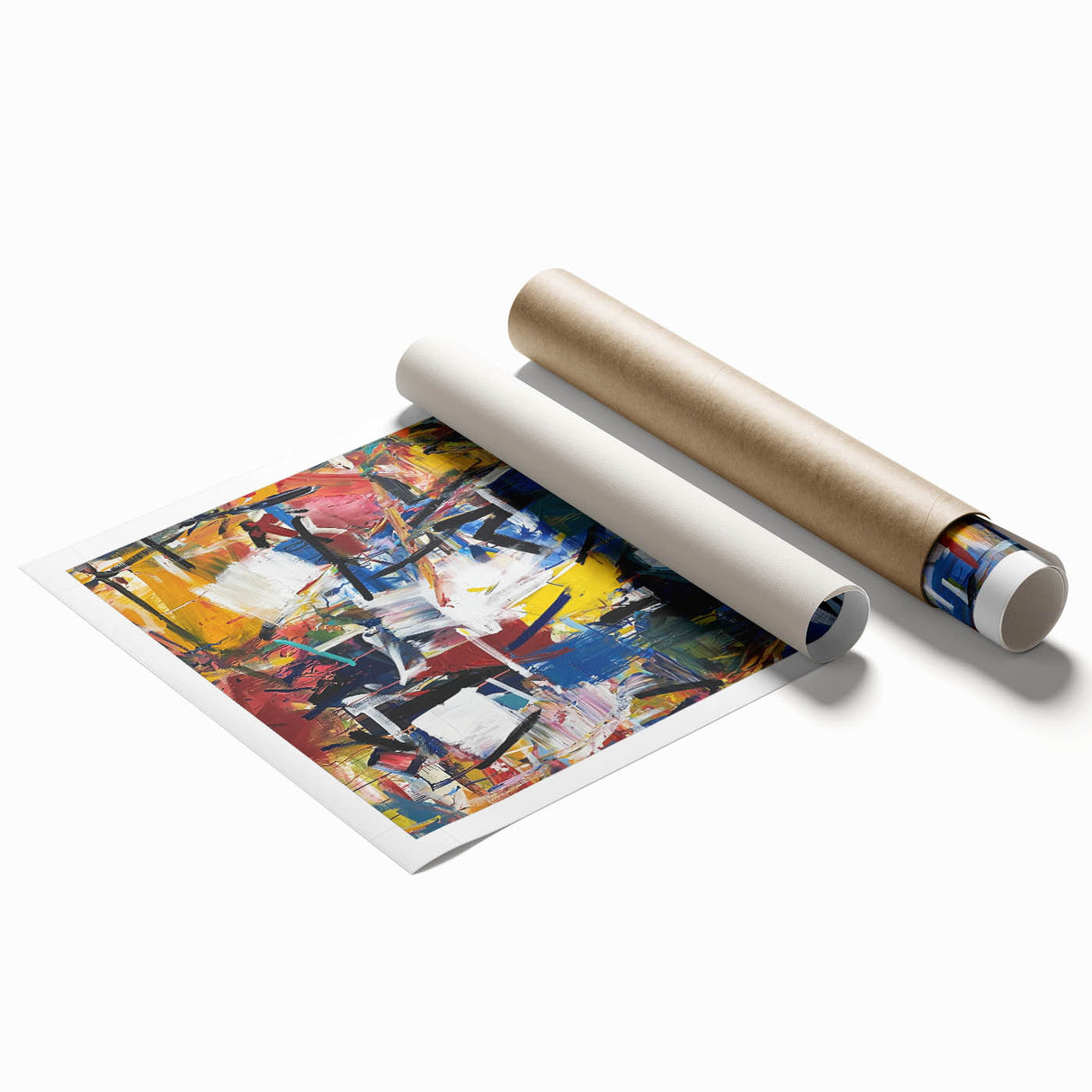 Abstract splatter art print showcasing vibrant colors of blue, orange, and yellow on a textured background, rolled and ready for display. Perfect for modern home decor.