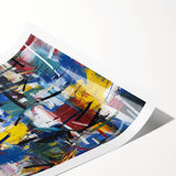 Abstract art print showcasing vibrant splatter patterns in shades of blue, red, and yellow, adding a modern touch to home décor. Ideal for art enthusiasts and contemporary spaces.