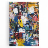 Abstract splatter design on stretched canvas featuring vibrant colors, ideal for modern home decor. The artwork showcases dynamic shapes and textures, enhancing visual interest.
