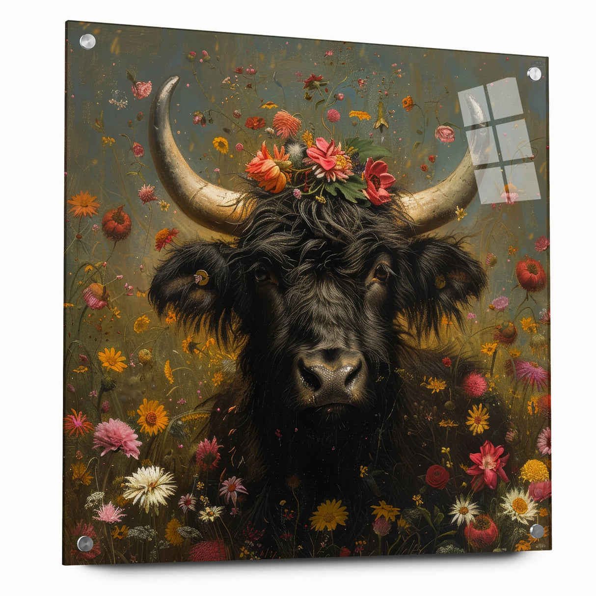 Acrylic glass display showcasing a colorful animal artwork design from the side, featuring vibrant hues and intricate details, ideal for modern home decor.