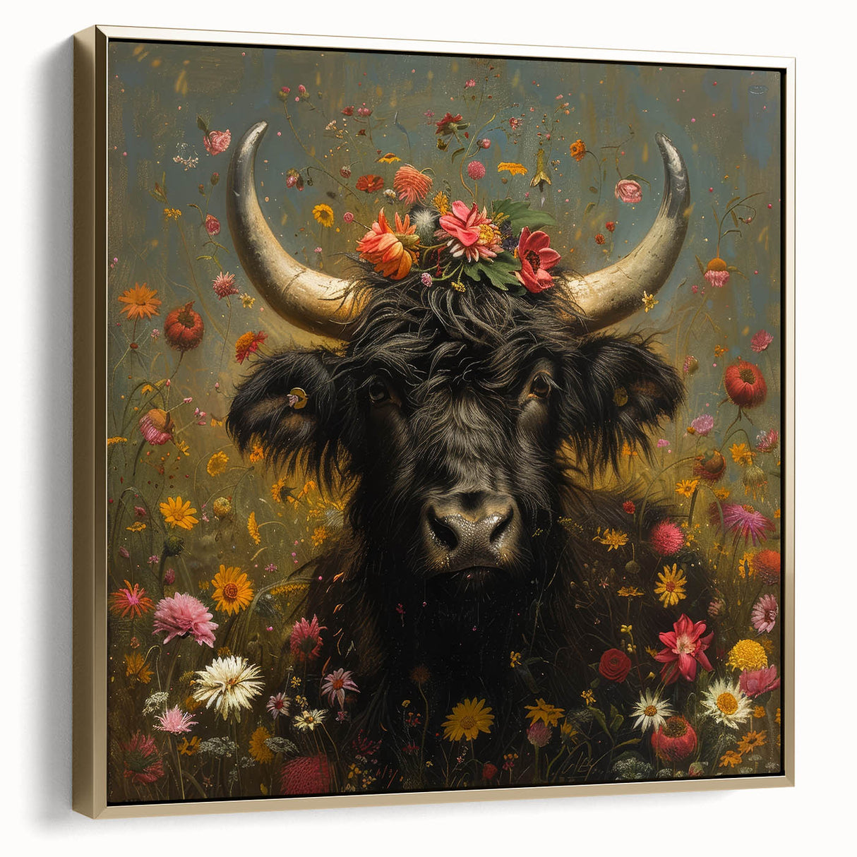 Framed canvas artwork depicting a vibrant collection of stylized animal illustrations in silver and gold tones, ideal for modern home decor or gallery settings.