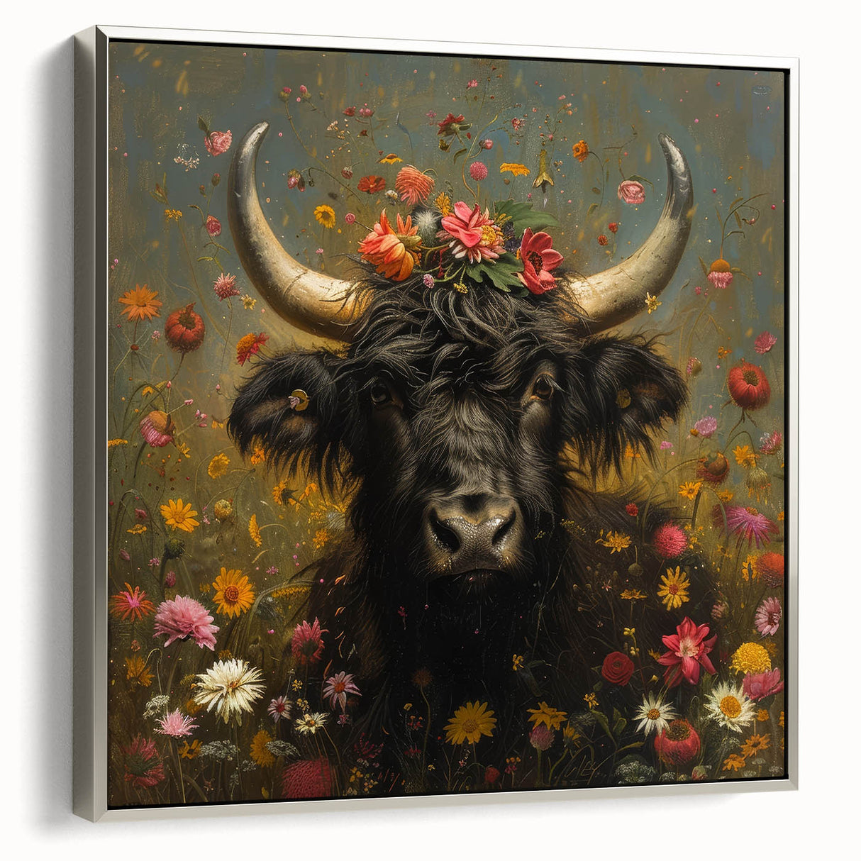 Framed canvas artwork depicting a vibrant animal design, showcased from a silver side view, perfect for enhancing modern interior decor with its artistic flair.