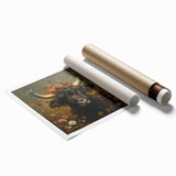 Rolled print showcasing a vibrant animal-themed design featuring various wildlife silhouettes in bold colors, securely packaged in a protective cardboard tube.