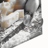 Close-up of large abstract wall art featuring assorted food dishes in vibrant colors on acrylic glass.