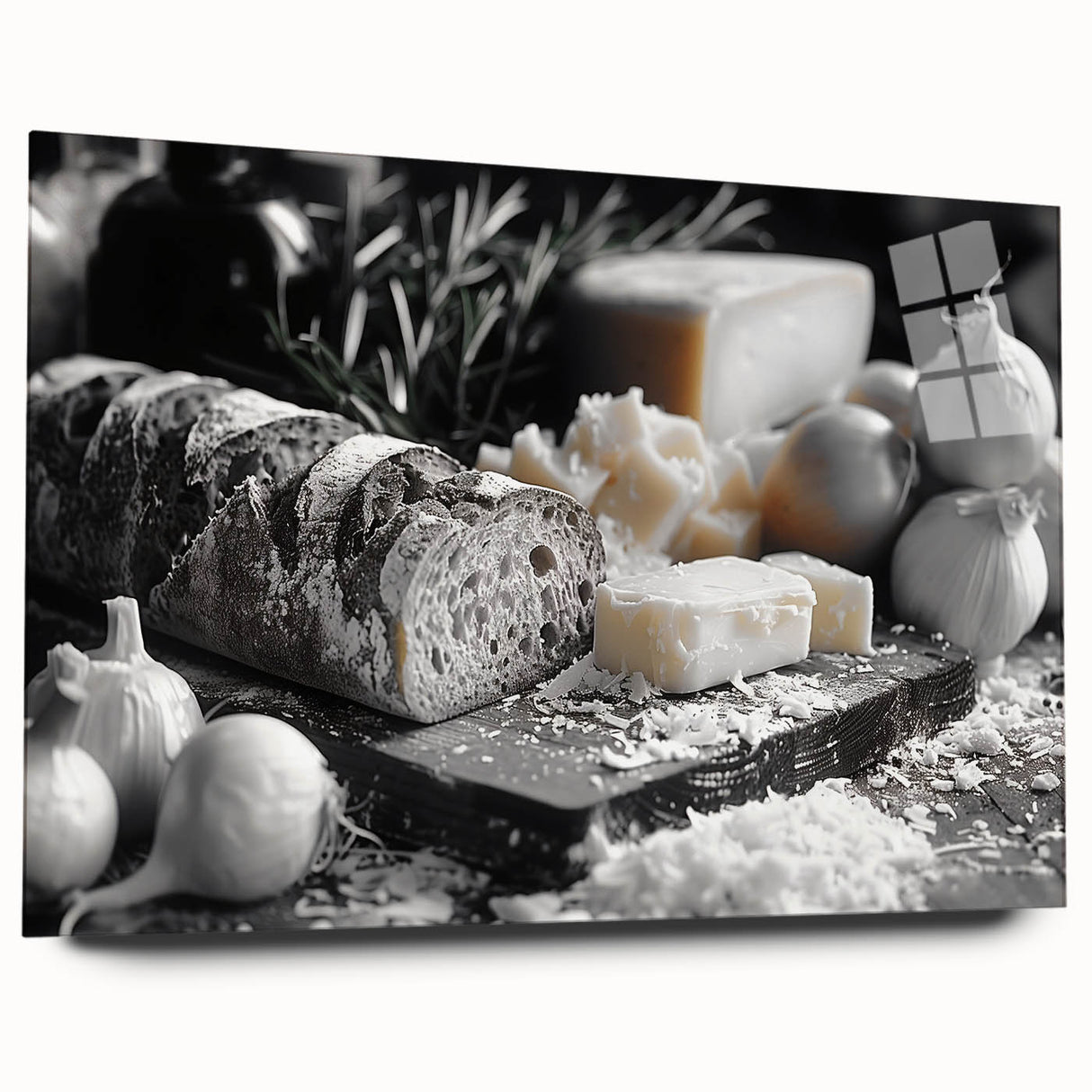 Acrylic print of large abstract wall art featuring assorted food dishes in vibrant colors.