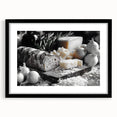 Extra large abstract art print featuring colorful, textured depictions of various food dishes on a black framed canvas.
