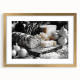Extra large abstract art print of assorted food dishes in muted earth tones, framed with a gold mat.