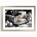 Textured art featuring abstract food dishes in muted earth tones, framed with a silver mat, suitable for bedroom decor.
