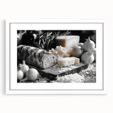 Abstract art print featuring assorted food dishes in muted earth tones on a white framed mat, ideal for dining room decor.