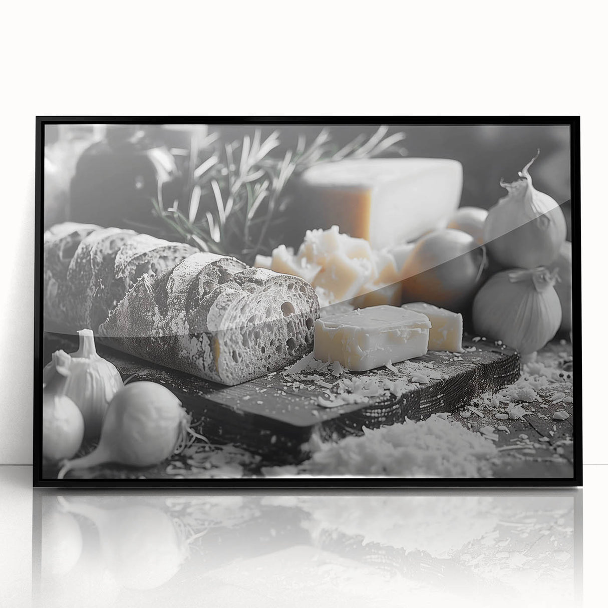 Large abstract wall art featuring assorted food dishes in muted earth tones on framed acrylic, ideal for dining room decor.