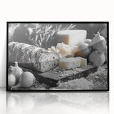 Large abstract wall art featuring assorted food dishes in muted earth tones on framed acrylic, ideal for dining room decor.