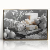 Large art print featuring an array of stylized food dishes in mid-century modernist style, with a gold acrylic frame.