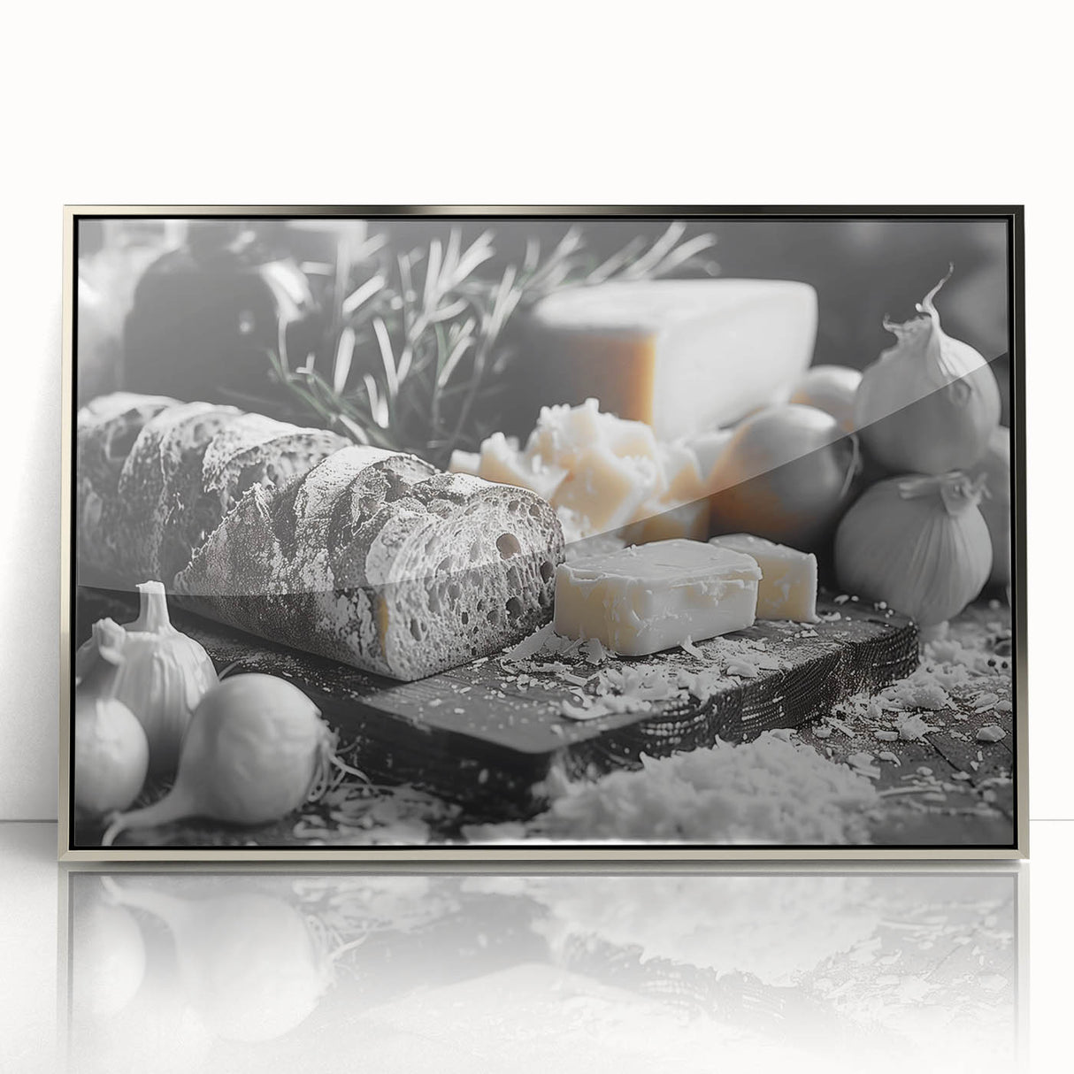 Mid-century modernist art featuring an array of colorful food dishes on a silver-framed acrylic print.