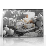 Art deco poster of various food dishes in muted colors, framed acrylic, ideal for modern kitchen decor.