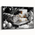 Black and white framed canvas featuring a collection of vintage food dishes, ideal for bedroom wall decor.