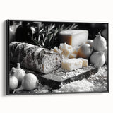 Black and white framed canvas featuring a collection of vintage food dishes, ideal for bedroom wall decor.