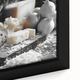 Extra large framed canvas depicting an array of colorful, textured food dishes on a black background.