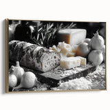 Framed canvas featuring black vintage poster art of various food dishes, suitable for bedroom wall decor.
