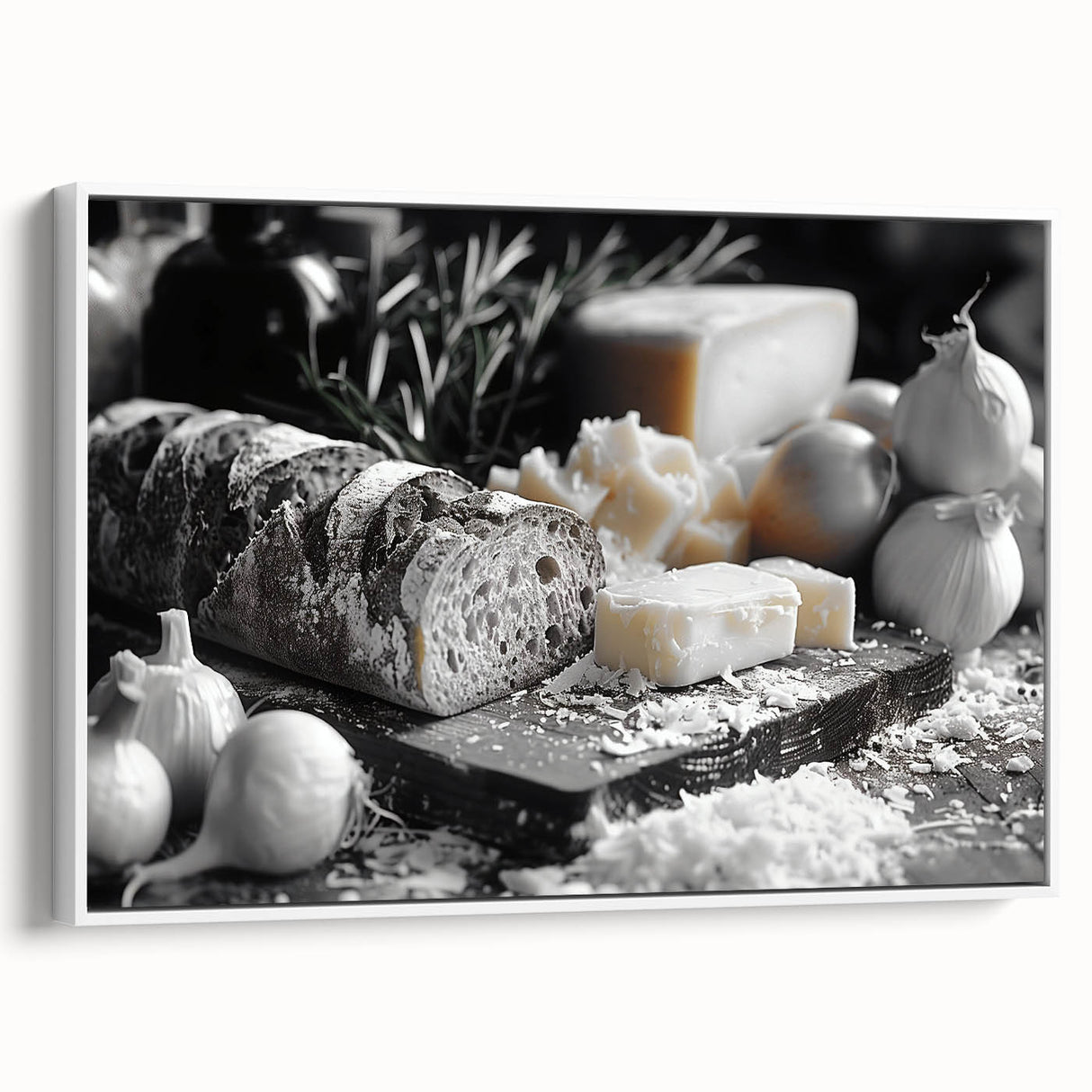 Vintage poster art of colorful food dishes on a large framed canvas, suited for living room decor.