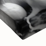 Large art featuring a black and white landscape of food dishes on a stretched canvas, ideal for bedroom wall decor.