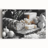 Black and white large art print of assorted food dishes on stretched canvas, ideal for kitchen wall art.