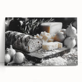 Black and white stretched canvas featuring an array of illustrated food dishes, ideal for kitchen wall art.