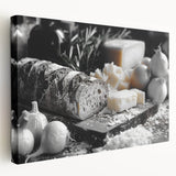 Assorted international dishes illustrated on a large stretched canvas, in vibrant colors, suitable for kitchen wall art.
