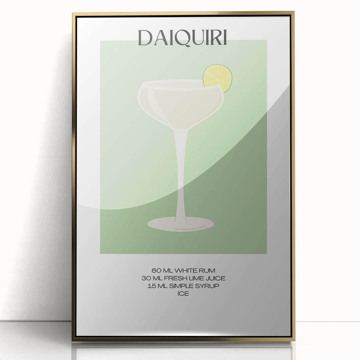 Large acrylic print of mid-century modernist food and drink motifs in gold and black, ideal for modern kitchen decor.