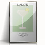 Mid-century modernist art depicting various beverages in vibrant colors on a silver-framed acrylic print.