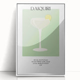 Art deco poster featuring vibrant cocktails, framed in white acrylic, ideal for modern kitchen decor.