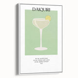 Vintage poster art of colorful cocktails on a black background, framed canvas, ideal for living room decor.