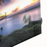 Close-up view of a landscape bridge design etched on clear acrylic glass, showcasing intricate details and vibrant colors, ideal for modern decor.