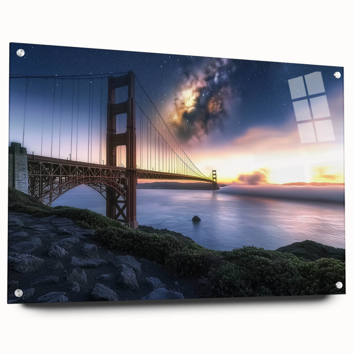 Acrylic glass side view of a modern landscape bridge design, showcasing vibrant colors and sleek lines, secured with decorative pins for stability. Ideal for contemporary decor enthusiasts.