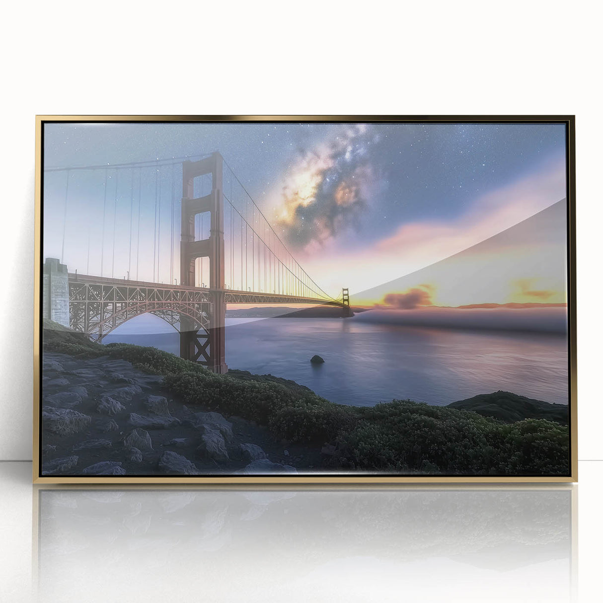 Framed acrylic artwork depicting a landscape bridge in gold tones, showcasing intricate details and textures, ideal for home decor or art collectors.