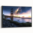 Framed canvas artwork depicting a scenic landscape with a bridge, showcasing detailed brushwork and vibrant colors, set against a black frame for elegant display.