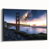 Framed canvas artwork depicting a scenic landscape with a bridge, showcasing detailed brushwork and vibrant colors, set against a black frame for elegant display.