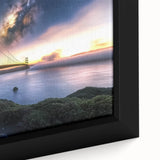 Close-up of a framed landscape canvas print showcasing a serene bridge surrounded by lush greenery, emphasizing vibrant colors and intricate detailing, perfect for home decor.