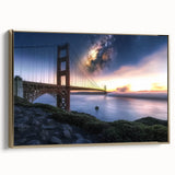 Framed landscape canvas art depicting a golden bridge viewed from the side, showcasing intricate details and vibrant color contrast against a serene backdrop.