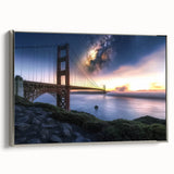 Framed canvas art showcasing a stunning landscape of a bridge, featuring a silver frame that enhances the artwork's elegance. Ideal for home decor or office spaces.
