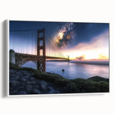 Framed canvas artwork showcasing a serene landscape view of a bridge surrounded by lush greenery, presented in an elegant white frame, perfect for home decor.