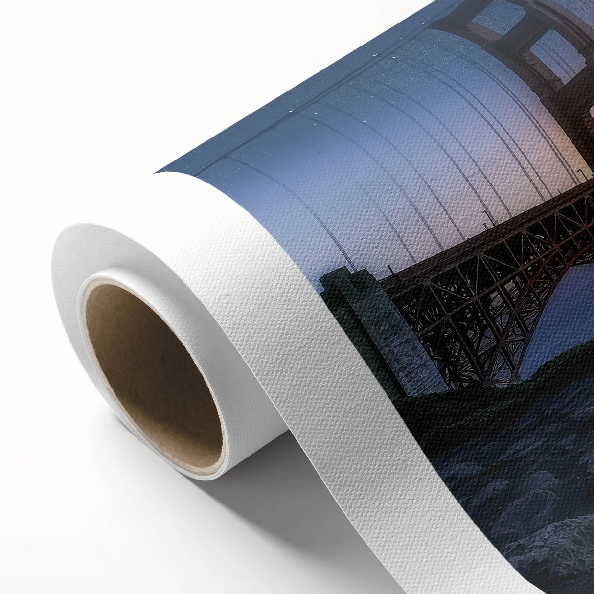 Landscape canvas print showcasing a serene bridge scene with lush greenery and a clear blue sky, rolled and carefully packaged in a protective tube for shipping.