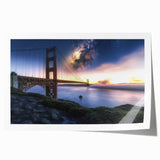 Landscape bridge rolled print showcasing a serene view of an arching bridge over a tranquil river, featuring lush greenery and a vibrant blue sky, ideal for home decor.