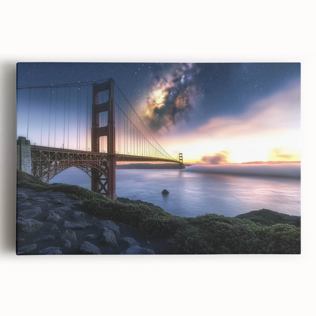 Vibrant landscape canvas artwork depicting a scenic bridge over a serene river, showcasing rich greens and blues, ideal for home decor or office spaces.