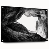 Vibrant acrylic glass artwork showcasing a stunning landscape of canyons, displayed from a side view with stylish pins for mounting. Perfect for home decor.