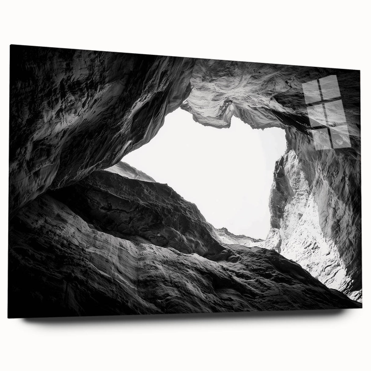 Acrylic glass artwork showcasing a stunning landscape of canyons in earthy tones, featuring a side view that highlights the depth and texture of the scene, perfect for home decor.